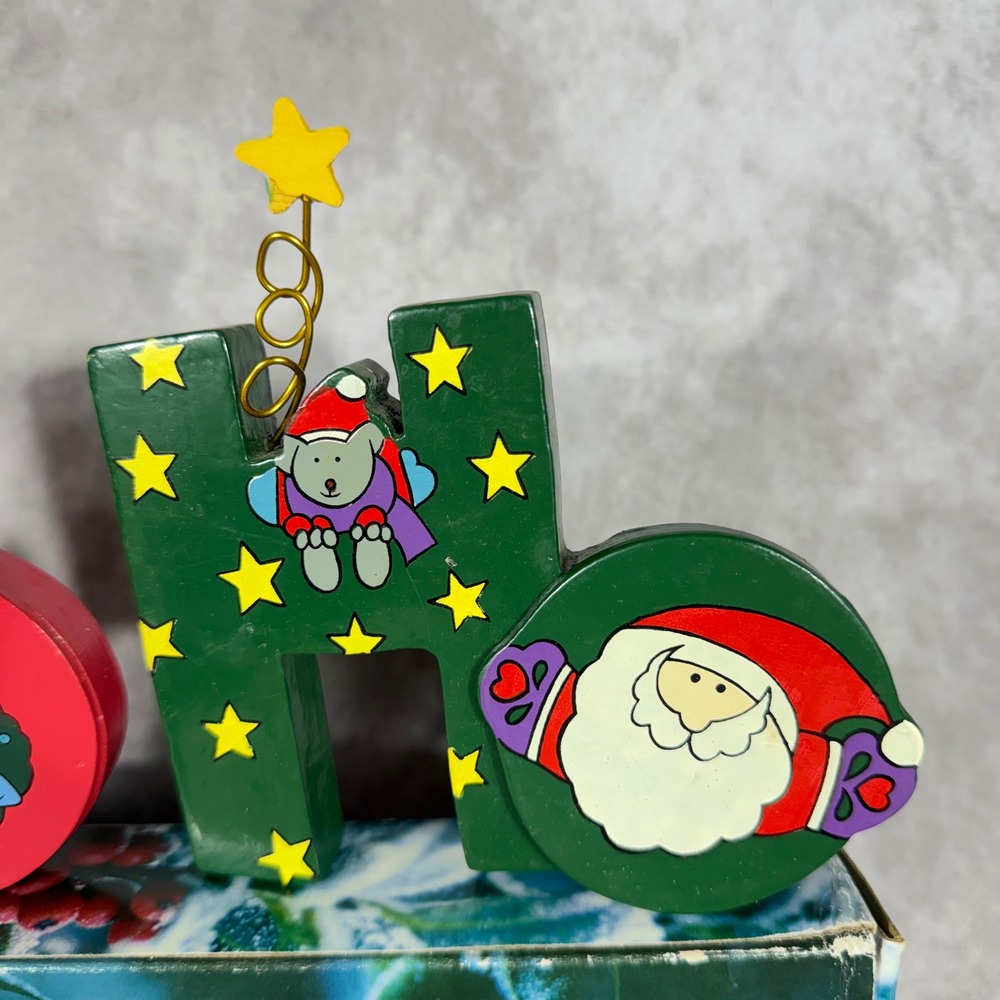 Vtg Holly Tree Wooden Ho Ho Ho Christmas Tabletop Sign Holiday Decor Whimsy NIB - Picture 4 of 8
